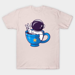 Cute Astronaut In Mug With Peace Hand Cartoon T-Shirt